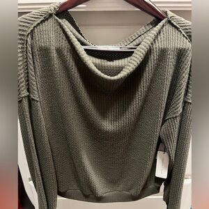 Olive Green Treasure and Bond off the shoulder top, waffle weave.